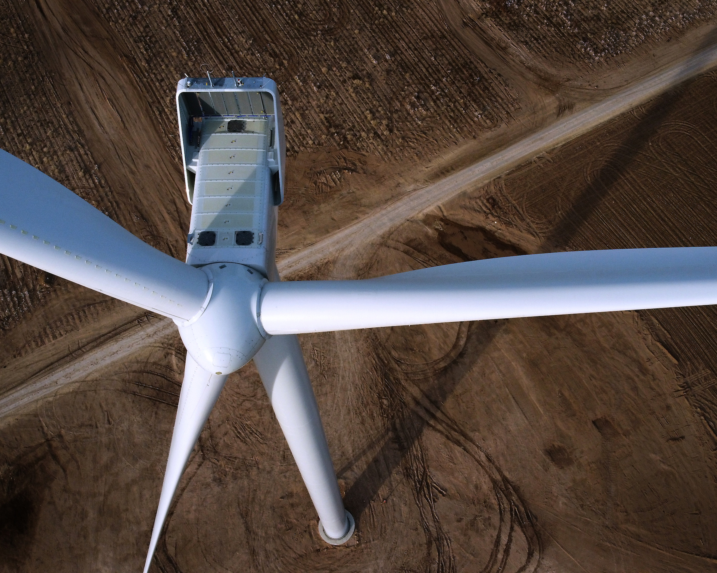 Aerial close up of a wind turbine